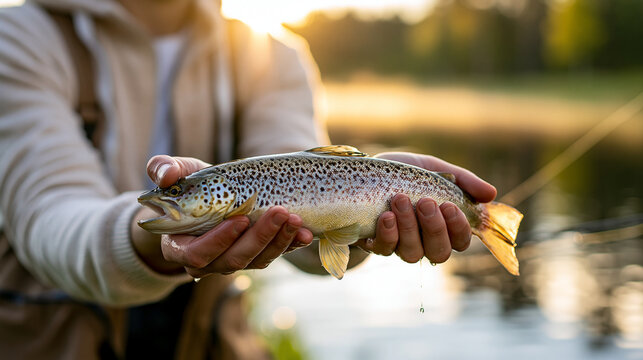 Anonymous man holding a freshly caught trout during an early morning fishing session at the water's edge, fishing success and nature lifestyle concept, faceless, defocused lake