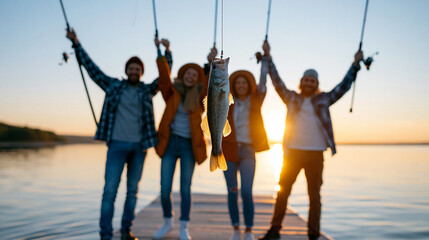 Fototapeta premium Anonymous friends celebrating a successful fishing trip with a big catch at sunset by the lake, outdoor achievement and camaraderie concept, faceless, defocused, with copy space
