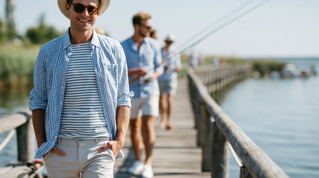Anonymous group of happy men friends fishing together on a wooden lake pier during a vacation, outdoor recreation and male bonding concept, faceless, defocused, with copy space