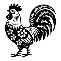 Rooster Silhouette With Floral Ornament On White Background © Ashok