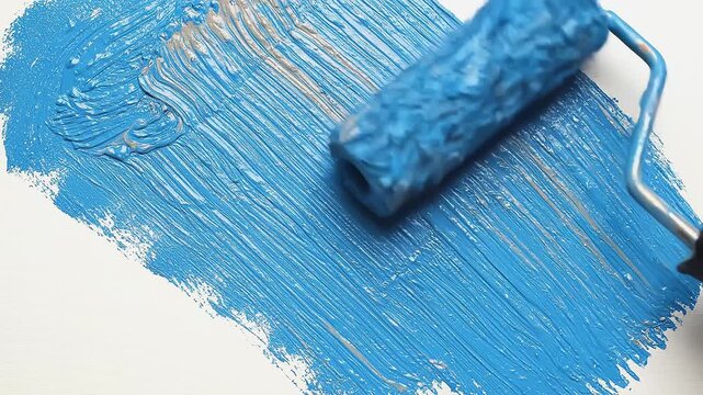 Hand using a roller to apply bright blue paint on a clean white surface with textured strokes. concept of renovation and creative process
