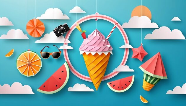 Hello summer with decoration origami hanging on blue sky background. Paper art and craft style. Vector illustration of life ring, ice cream, camera, watermelon, sunglasses, created with generative ai