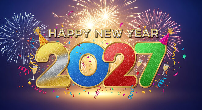 Happy new year 2027 celebration vibrant fireworks and festive number design