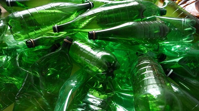 Waste PET bottles. Green plastic bottles waste. PET recycle