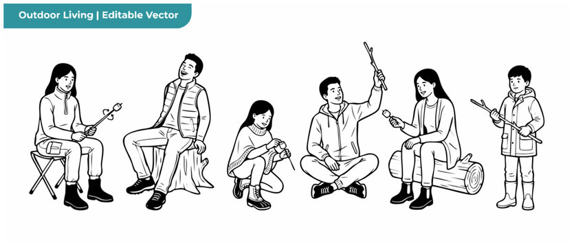 Camping family vector line art set of diverse people roasting marshmallows around campfire during outdoor adventure holiday. Minimalist black and white outline illustrations of friends camping trip.