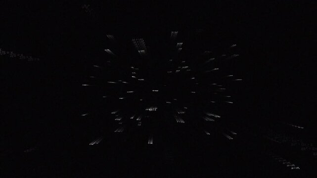 Continuous zoom into complex mathematical equations and physics principles on black, academic study background 4k video