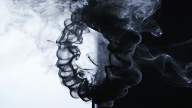 Black and white smoke swirling and expanding on split background for abstract creative content