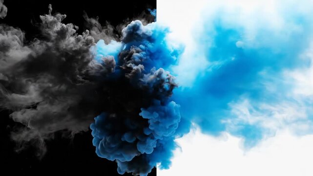 Black and blue smoke clouds colliding and expanding on split background for dramatic intro