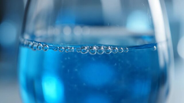 Blue liquid pouring into glass with bubbles settling on surface for beverage and hydration content