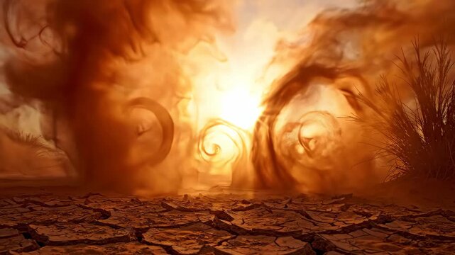 Dust devils swirling over cracked desert ground at golden sunset for climate and nature content