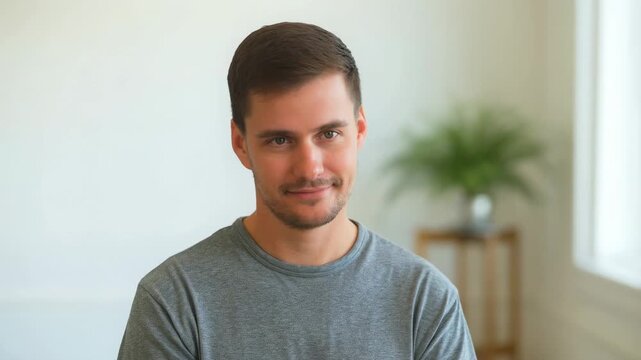 Man's expression changes from serious to happy in bright room