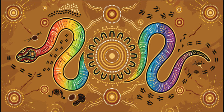 Aboriginal Dreamtime rainbow serpent artwork for NAIDOC Week, intricate dot painting of colourful snake winding across desert earth with tracks, symbols and sacred flowing patterns