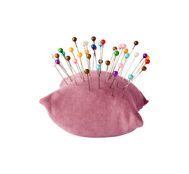 Pink sewing pincushion with needles and pins isolated PNG on transparent background, tailoring and needlework accessory