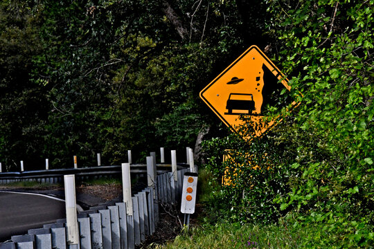Yellow sign warning motorists of falling rocks and flying saucer up ahead, Sierra Nevada Foothills, California 