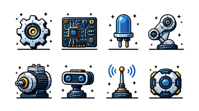 Collection of futuristic technology icons including a robot arm, motor, and circuit board