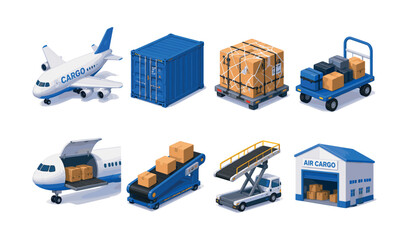 Obraz na płótnie Canvas Collection of isometric illustrations depicting air cargo logistics and transportation services