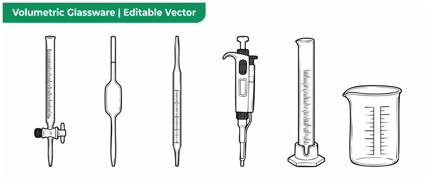 Volumetric glassware vector line icons set for chemistry laboratory experiments and science education featuring beaker, graduated cylinder, pipette, and burette outlined on a sterile white background.