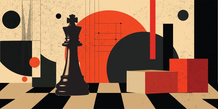 Chess King Piece on Checkered Board Bauhaus Constructivist Halftone Illustration  Strategy Leadership Power and Intelligence Concept with Red Orange Black Geometric Shapes on Beige Background