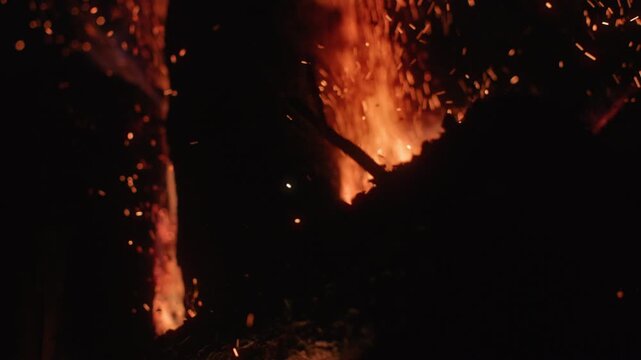 Close-up of a blazing campfire burning intensely at night with bright orange flames dancing around charred logs. Glowing embers and sparks fly upward into the dark black background creating warmth.