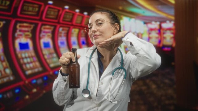 Young hispanic brunette woman doctor wearing stethoscope and glasses holds beer bottle and gestures under chin among slot machines in casino; playful off duty.