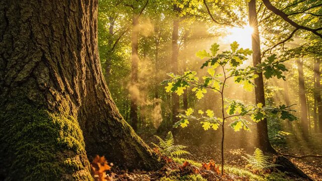 Sunbeams shining through trees in forest with leaves falling. Nature landscape scene with golden light rays and foliage in park. Outdoor environment background