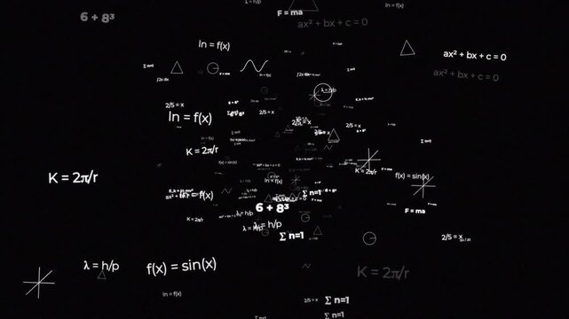 Animated scientific expressions and calculus symbols moving in a deep black void, STEM education concept 4k video