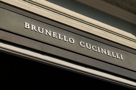 Brunello Cucinelli luxury fashion brand store sign on a boutique facade in Switzerland