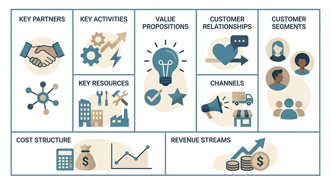 A vector graphic illustrating the business model canvas with various icons and symbols