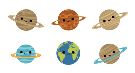Cute Cartoon Planets with Faces, Solar System Elements, Space Exploration © Dadi