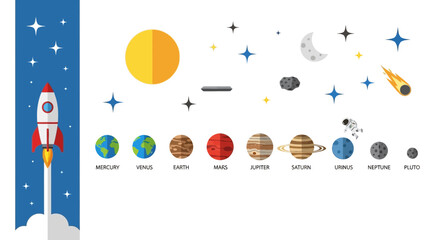 Rocket Launching Into Space with Planets and Stars - Solar System Illustration © Dadi