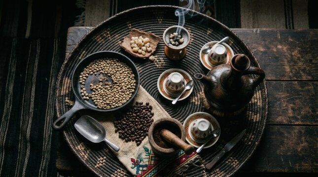 Traditional Ethiopian coffee ceremony setup with roasting beans and brewing equipment