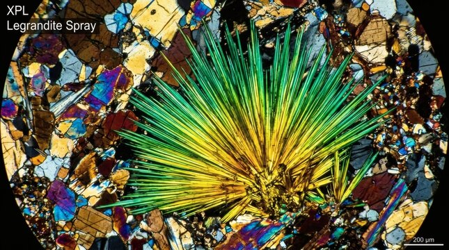 Microscopic view of legrandite mineral spray with vibrant colors