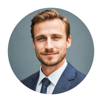 Round avatar portrait of smiling businessman in blue suit and tie. Headshot of confident male entrepreneur or corporate manager on grey background