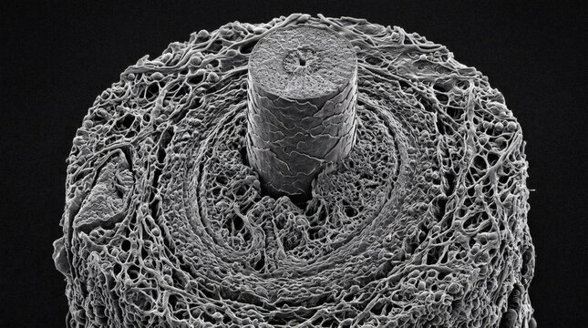 Close up scanning electron microscope view of a hair follicle cross section