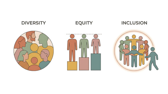 A vector graphic illustration representing diversity, equity, and inclusion concepts with colorful human silhouettes