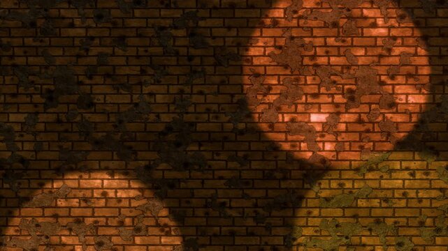 A seamless, loop animation depicting several searchlights scanning a 3D bullet-riddled brick wall in the darkness created by 3d render.