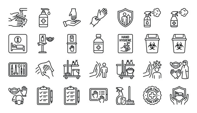 Hygiene and sanitation line icons healthcare cleaning and safety measures