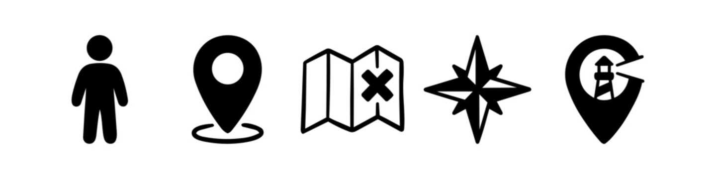 Minimalist black travel and navigation icons featuring a person silhouette, location marker, folded treasure map, compass rose, and lighthouse pin on a white background.