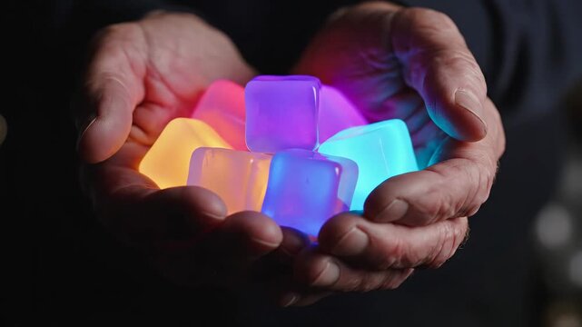 Hands holding glowing colorful ice cubes with vibrant light for creative and technology content