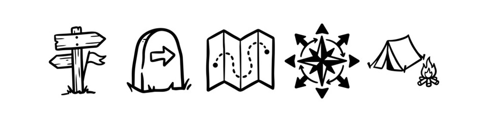Set of hand-drawn outdoor adventure icons including a signpost, map, compass, and camping tent with campfire. Minimalist black line art doodles for travel and hiking navigation themes. © Trends