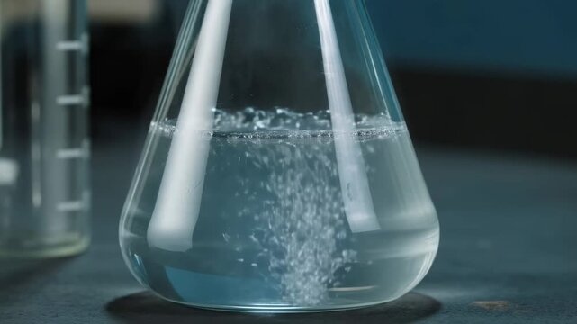 Bubbling reaction in glass beaker with chemical solution in science lab