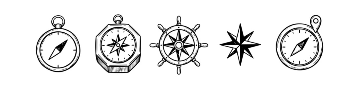 Set of vintage nautical and navigational icons featuring hand-drawn compasses, a ship's steering wheel, and a wind rose. Black and white ink sketch style.