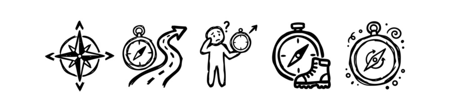 A collection of hand-drawn navigation doodle icons including a compass rose, a winding path, a hiker holding a compass, and hiking boots, in a clean black and white sketch style.
