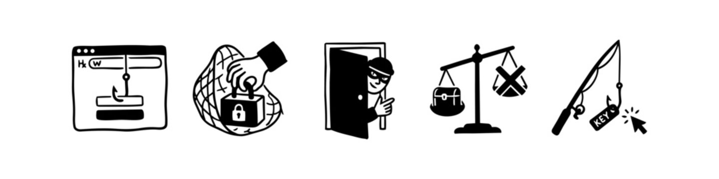Hand-drawn cybersecurity icon set illustrating common digital threats like phishing, data breaches, and unauthorized access. Minimalist black and white doodle graphics for security concepts.