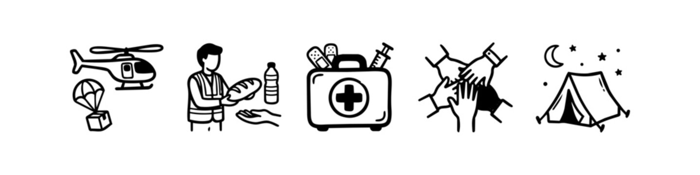 Hand-drawn doodle icons for humanitarian aid and disaster relief featuring air supply drops, food distribution, medical first aid, teamwork, and emergency shelter.