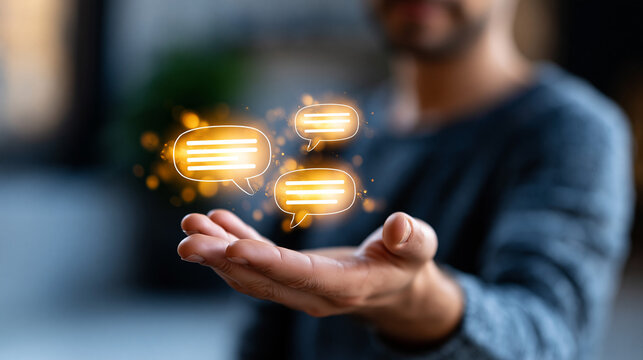 A close up of a European hand presents softly glowing chat message icons for customer feedback in a moody office business feedback faceless detail softly defocused backdrop