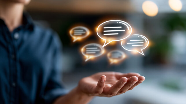 A close up of a European hand presents softly glowing chat message icons for customer feedback in a moody office business feedback faceless detail softly defocused backdrop