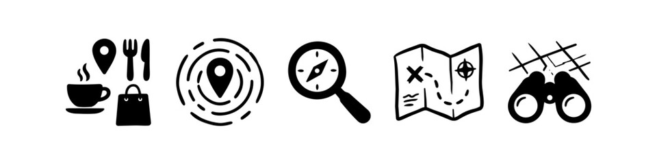 Set of hand-drawn travel and navigation icons in black and white style, featuring map, binoculars, compass, and destination pointers for adventure and exploration themes. © Trends