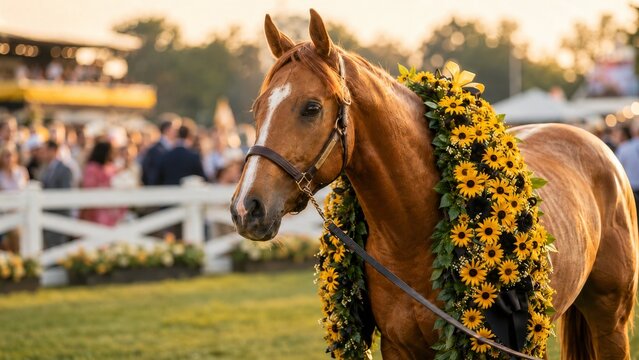 A majestic chestnut racehorse stands proudly adorned with a vibrant garland of yellow flowers after a victory, captured during golden hour at a racetrack with a blurred crowd