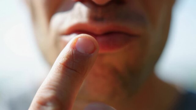 Closeup of male lips and fingers showing thinking gesture in three frames